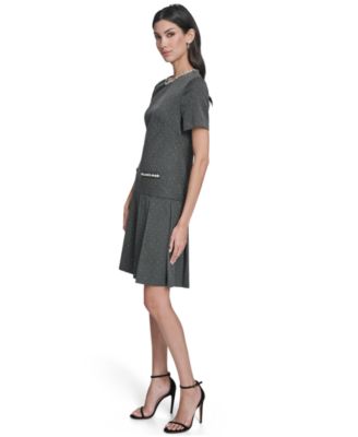 Petite Drop Waist Short-Sleeve Pleated Mini Dress