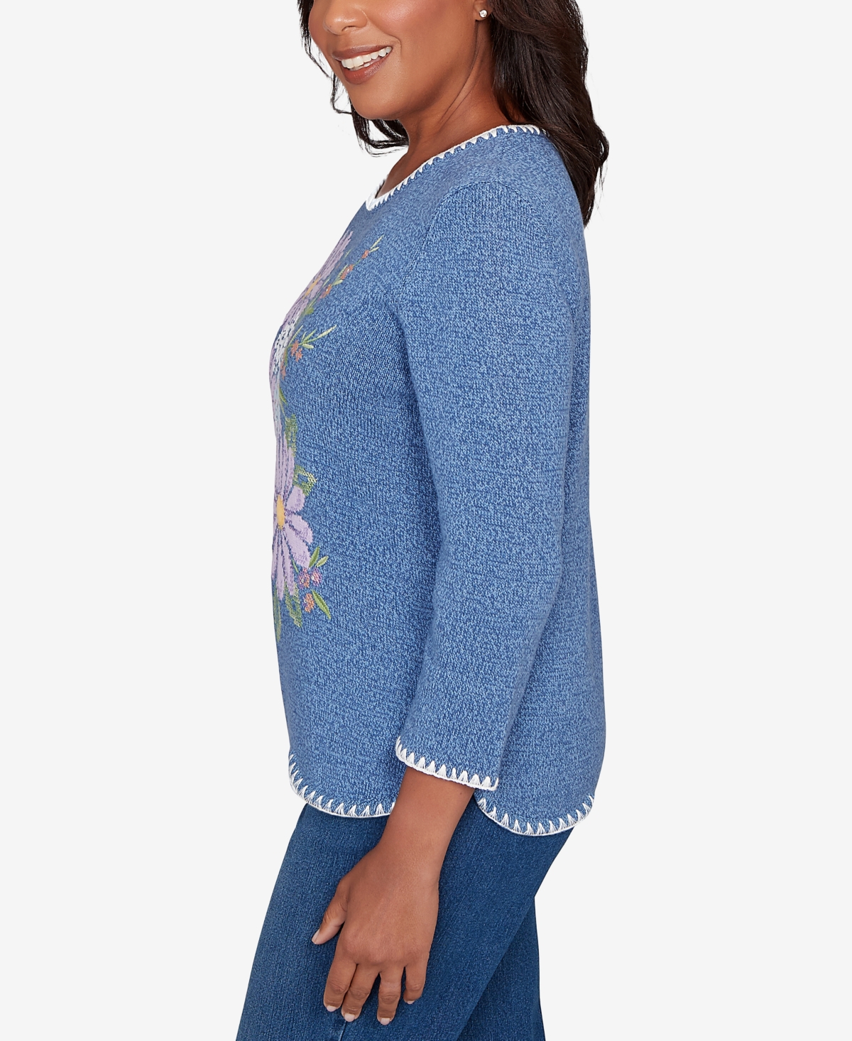 Alfred Dunner Petite Hilton Head Cross-stitched Floral Pull-on Sweater In Blue
