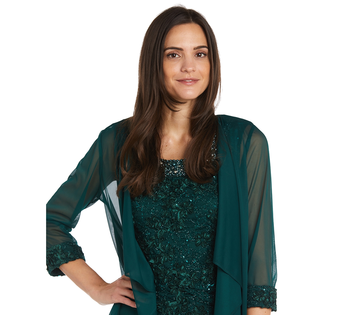 R & M Richards Embellished Lace Dress Waterfall Jacket