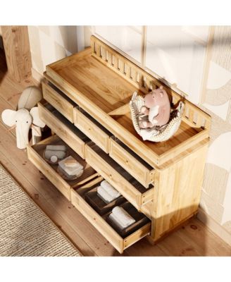 Solid Wood Changing Table with 9 Drawers and Guardrails，Chest of Drawers