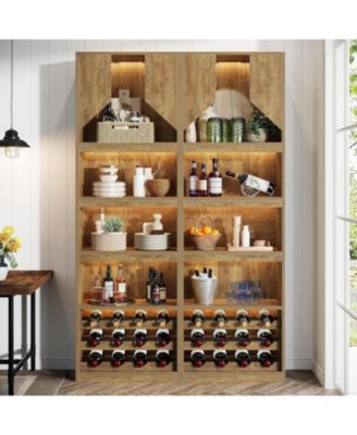 86.6" Tall Kitchen Cabinet with Stripe Light, Farmhouse Home Bar Liquor Cabinet with Wine Racks