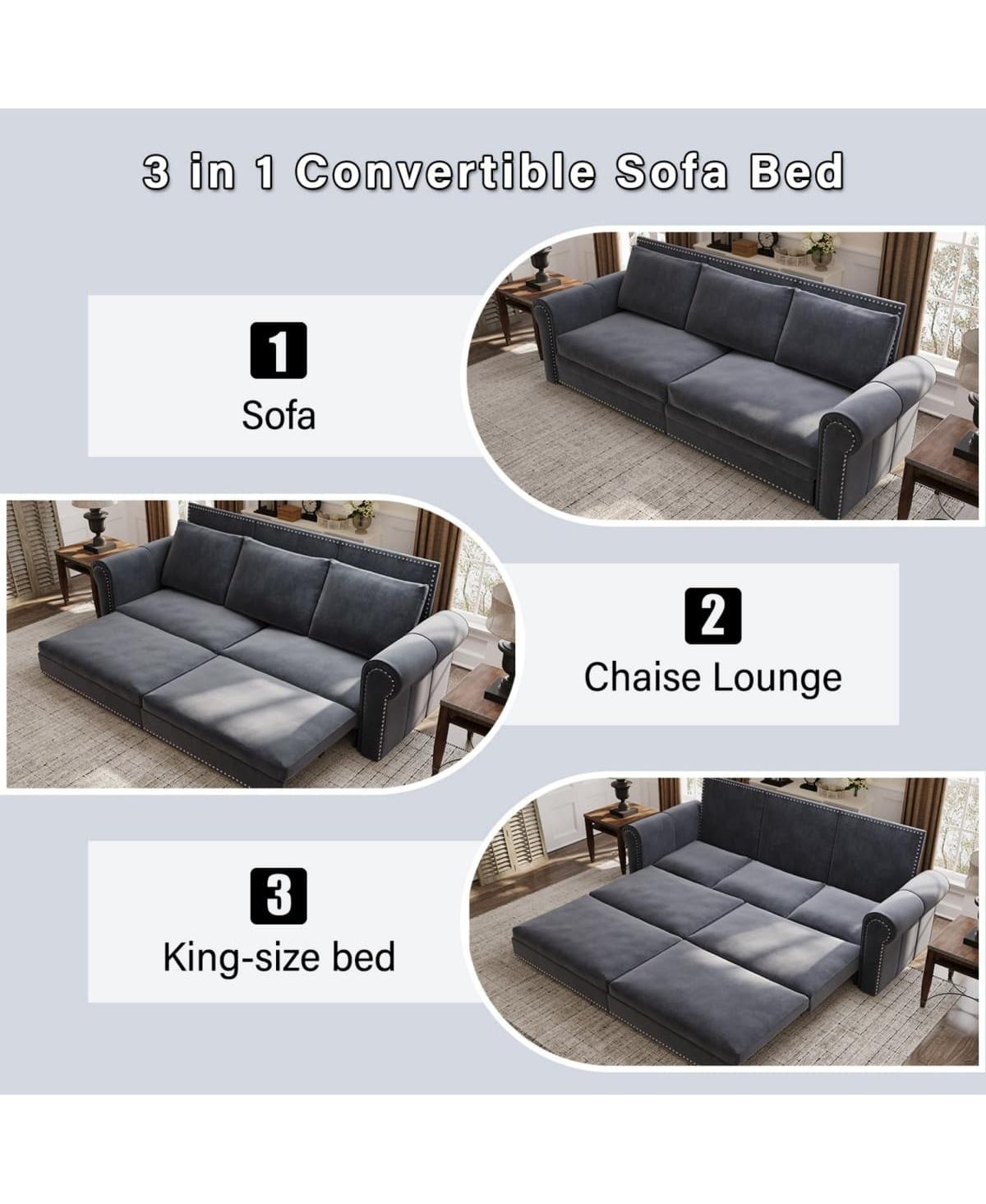 Maison Boucle 93.7" Velvet King Pull Out Sofa Bed, 3-in-1 Convertible Sleeper Couch with Chaise & Nailhead Trim for Living Room or Guest