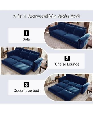 93.7" Velvet King Pull Out Sofa Bed, 3-in-1 Convertible Sleeper Couch with Chaise and Nailhead Trim for Living Room or Guest Room-Maison Boucle