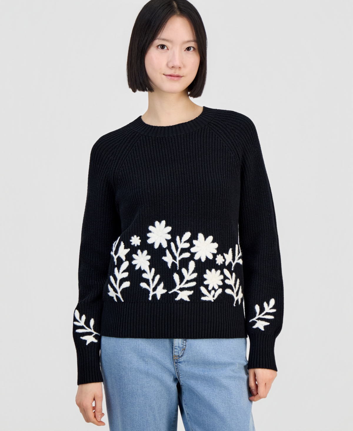 Style & Co Petite Embroidered Rib Crewneck Sweater, Macy's Exclusive