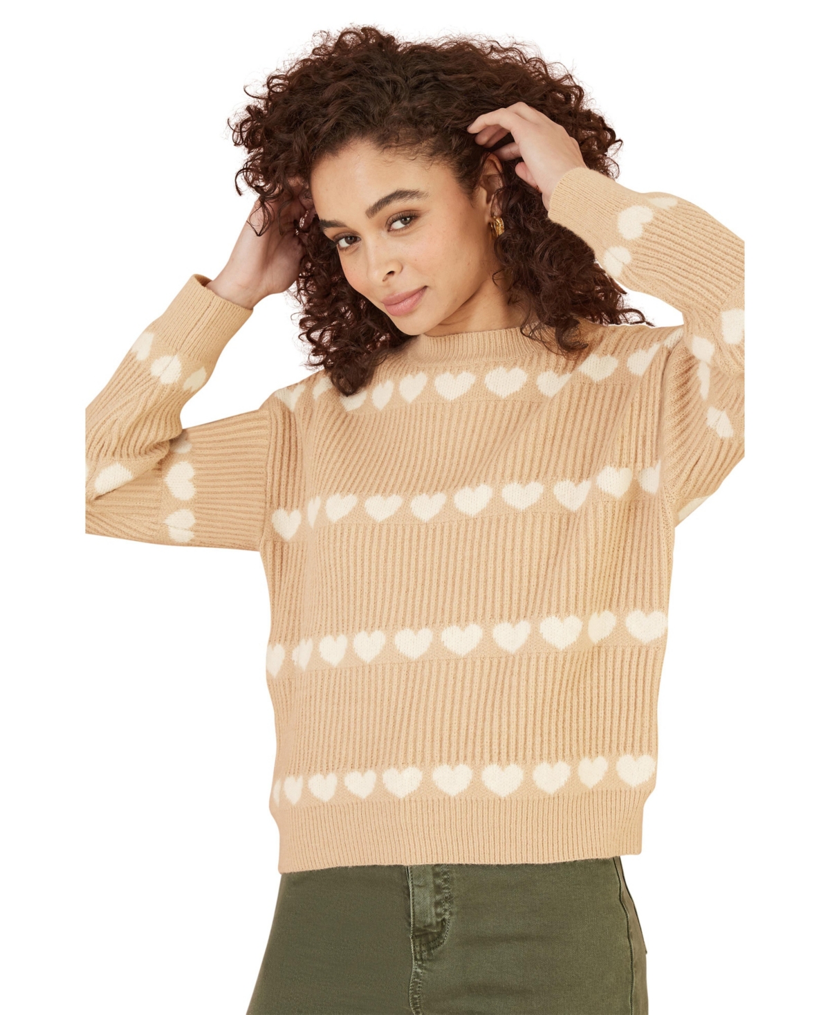 Yumi Women's Knitted Heart Stripes Sweater