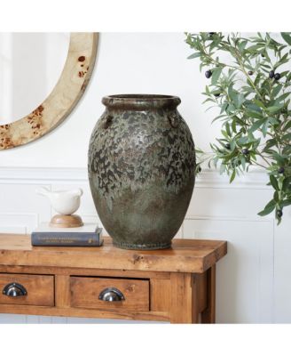 Antiqued Terracotta Jar Vase, Rustic 14.17-Inch Green & Brown Flower Holder