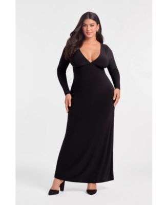 Women's Sculpting Shapewear Shirred V-Neck Long Sleeve Solid Maxi Dress