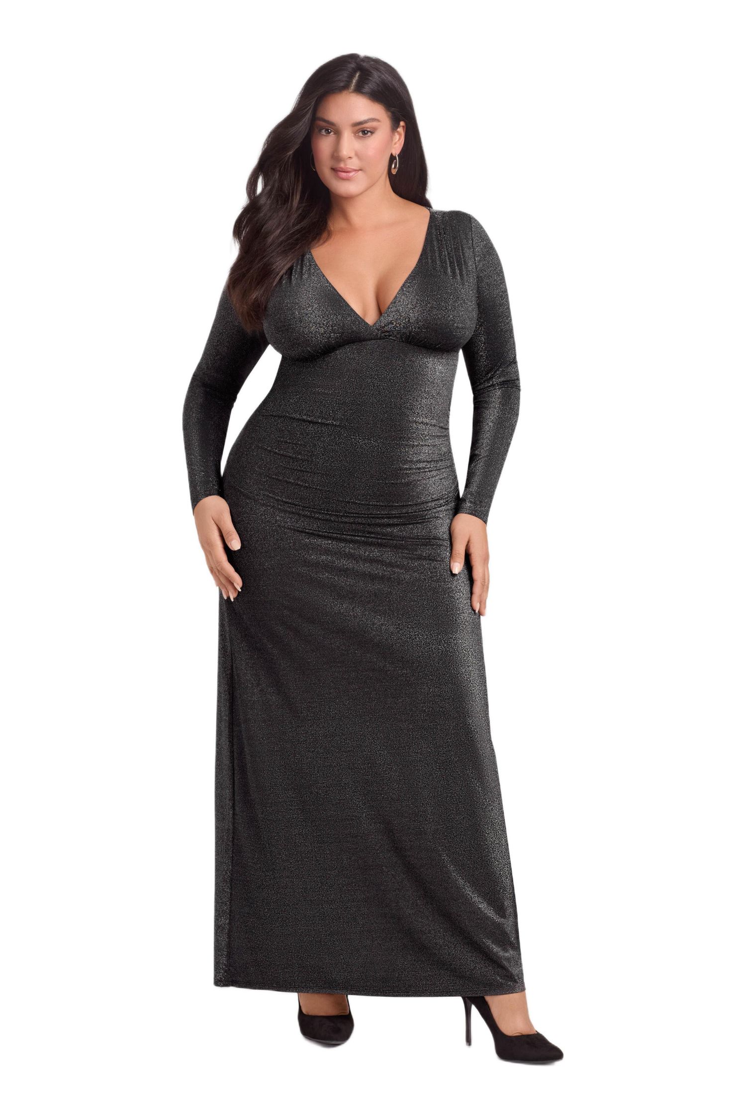 Women's S3 Sculpting Shapewear Shirred V-Neck Long Sleeve Metallic Maxi Dress