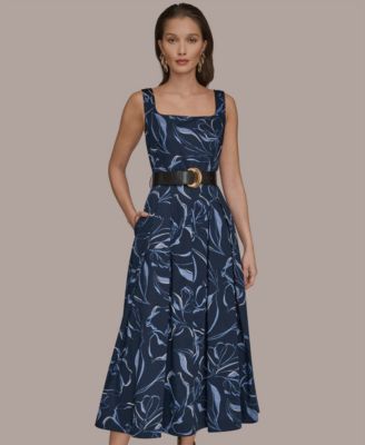 Women's Square Neck Belted A-Line Dress
