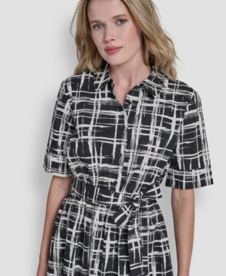 Women's 3/4-Sleeve Collared Neck Cotton Midi Shirt Dress
