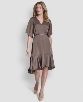 DKNY - Women's Flutter Sleeve V-Neck High Low Midi Dress