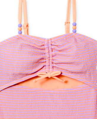 Girls' 7-16 Scrunch Stripe Square Neck One-Piece Swimsuit