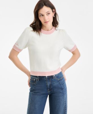 Women's Embroidered Colorblocked Short-Sleeve Sweater