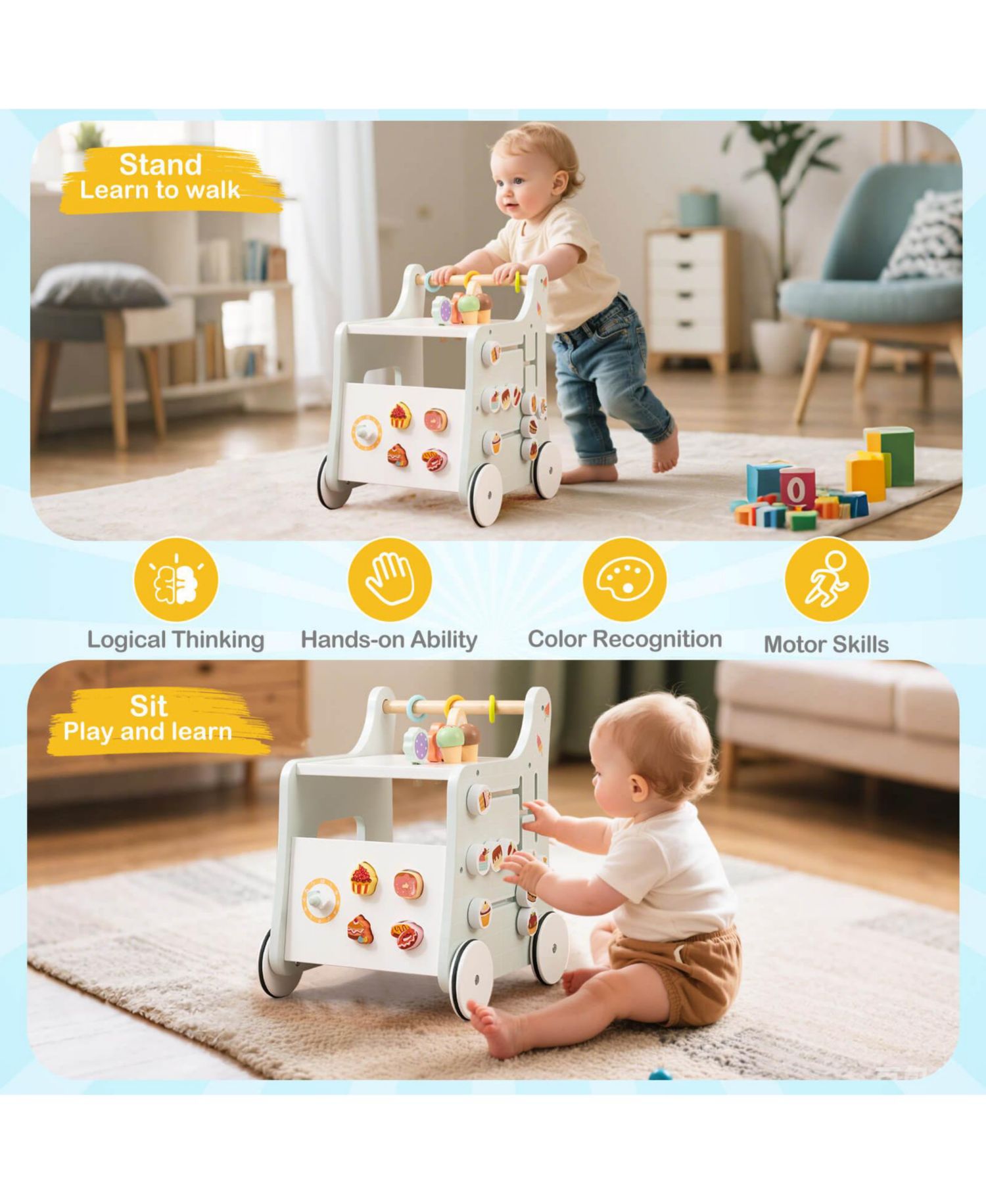 Wooden Baby Walker Ice Cream Cart Toy with Sweet Accessories & Smooth Wheels