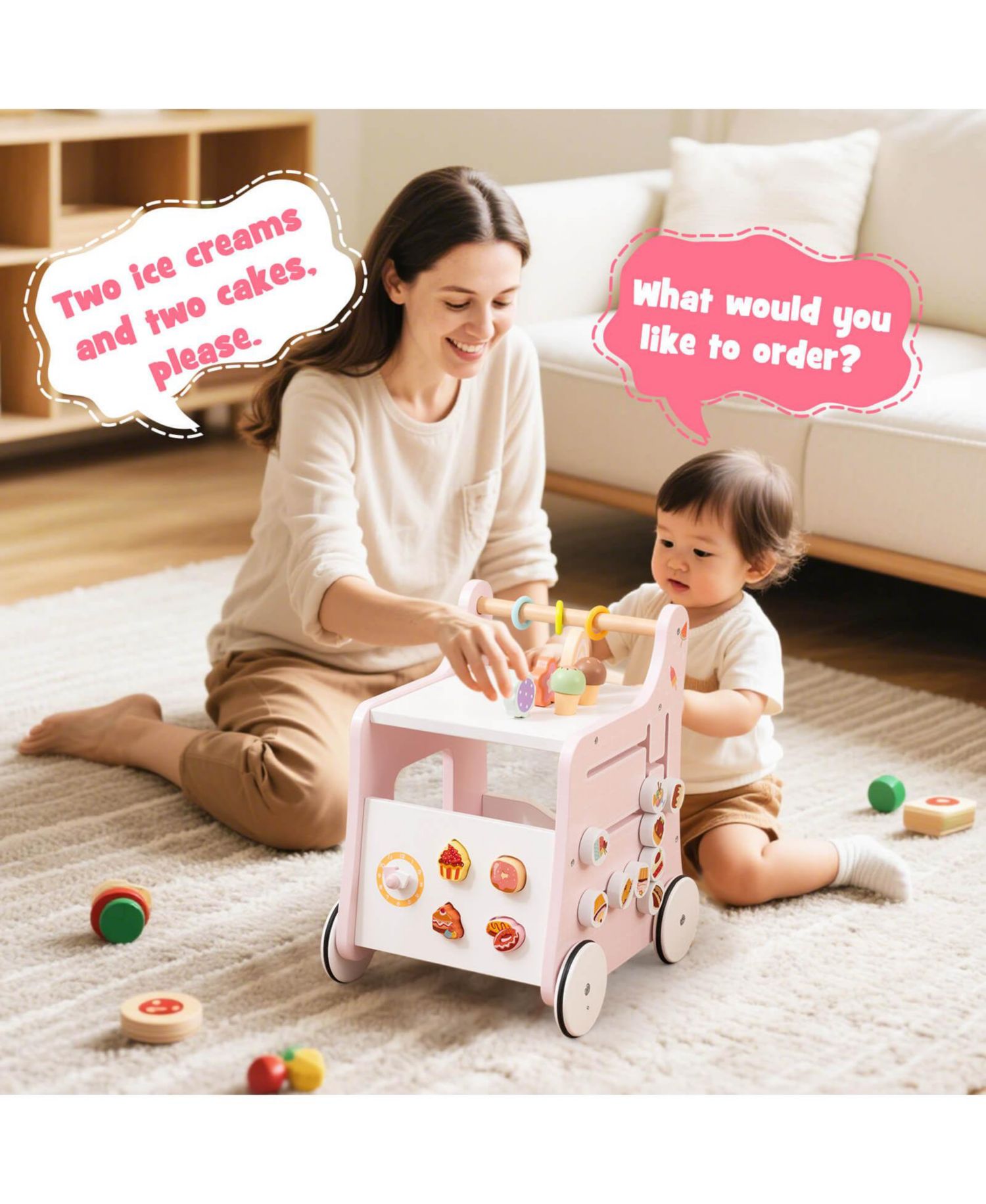 Wooden Baby Walker Ice Cream Cart Toy with Sweet Accessories & Smooth Wheels