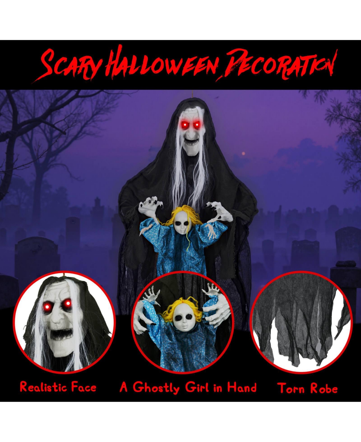 Costway Halloween Decoration 6 11” Sound-Activated Witch Holding Ghost Girl Spooky Sound