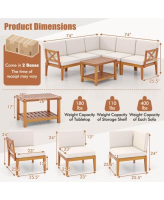  6 PCS  Acacia Wood  Cushions & 2-Tier Coffee Table  Patio Furniture Set.