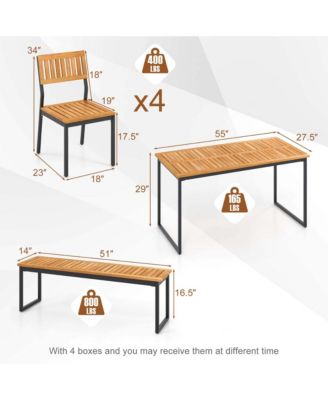 6 PCS Outdoor Acacia Wood Dining Set with Bench and 2" Umbrella Hole Outdoor Patio