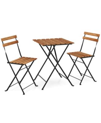 3 PCS Patio Acacia Wood Bistro Set Bistro Table with 2 Folding Chairs Slatted Seat