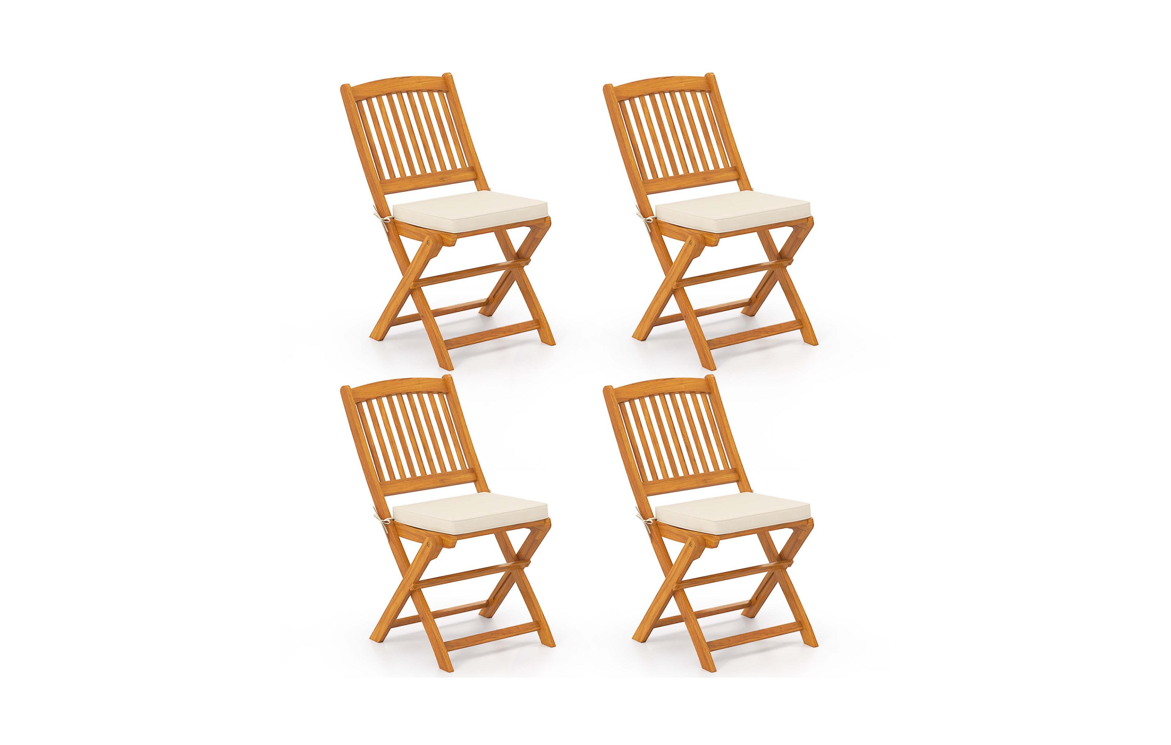 Outdoor Folding Chairs Set of 4 Acacia Wood High-Back Chair with Seat Cushions