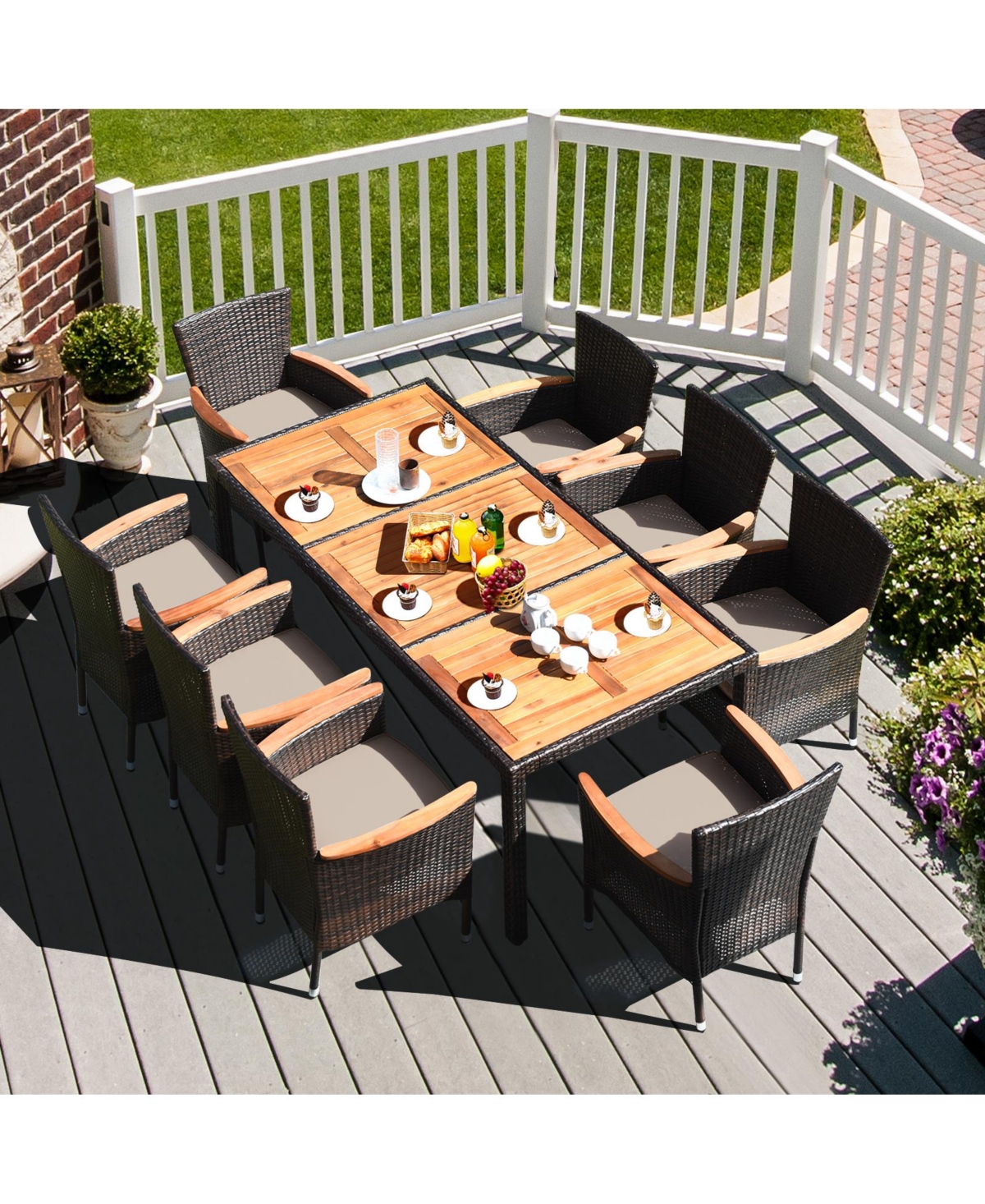 Costway 9PCS Patio Wicker Dining Set Acacia Wood Table Top Umbrella Hole Cushions Chairs