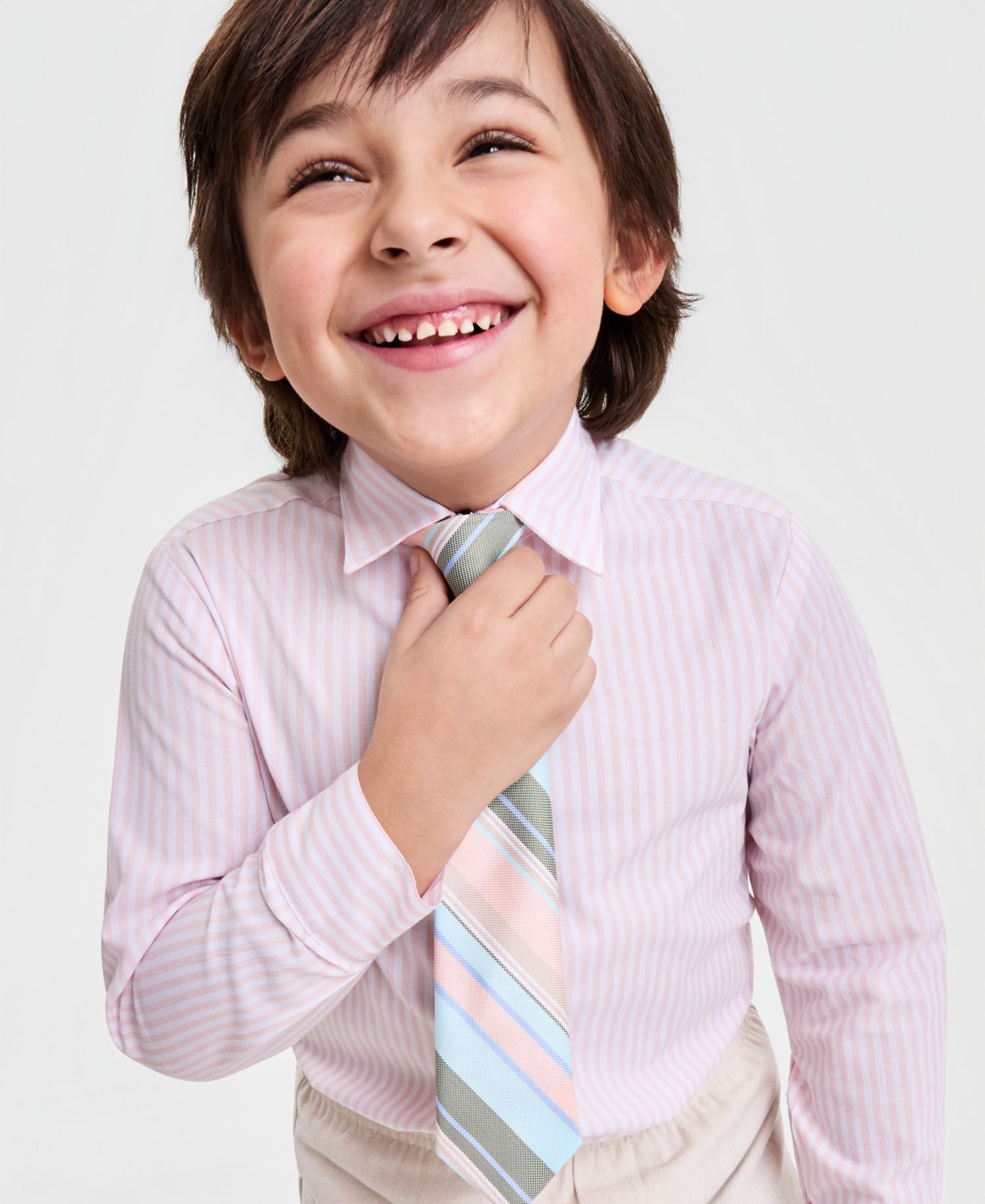 Boys' 2T-7 Peach Linen Notch Collar Suit Jacket, Pants, Long-Sleeve Stripe Shirt & Plaid Necktie, 4-Piece Set