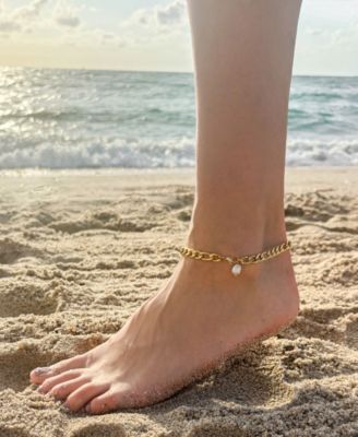 Tarnish Resistant Gold Freshwater Pearl Figaro Chain Anklet