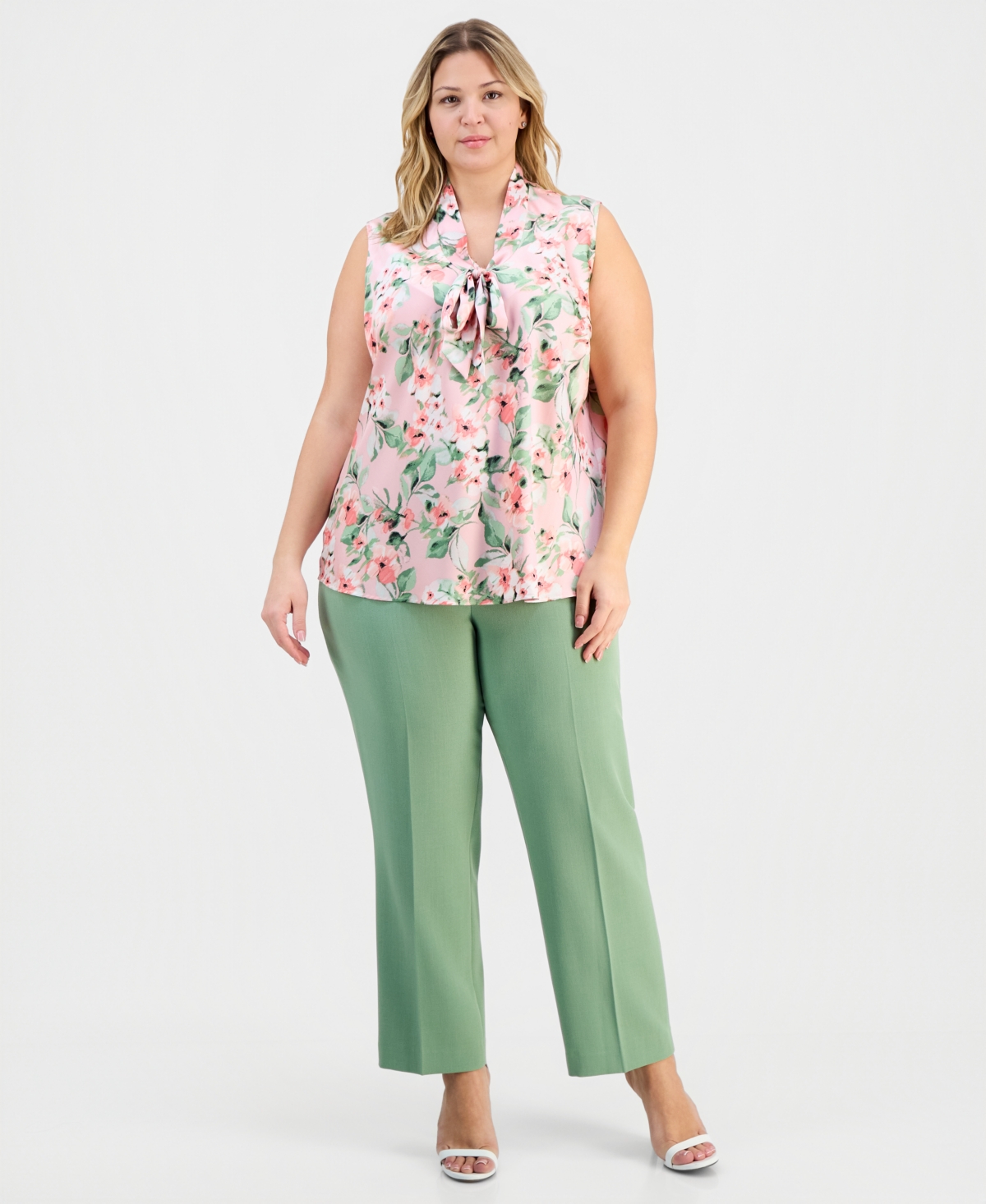 Kasper Plus Floral-Print Tie-Neck Sleeveless Top