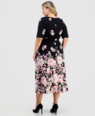 Plus Size Floral-Print Round-Neck Tie-Belt Waist 