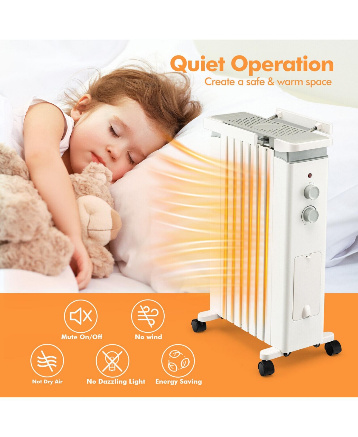 Sugift 1500W Portable Oil Filled Radiator Heater with 3 Heat Settings