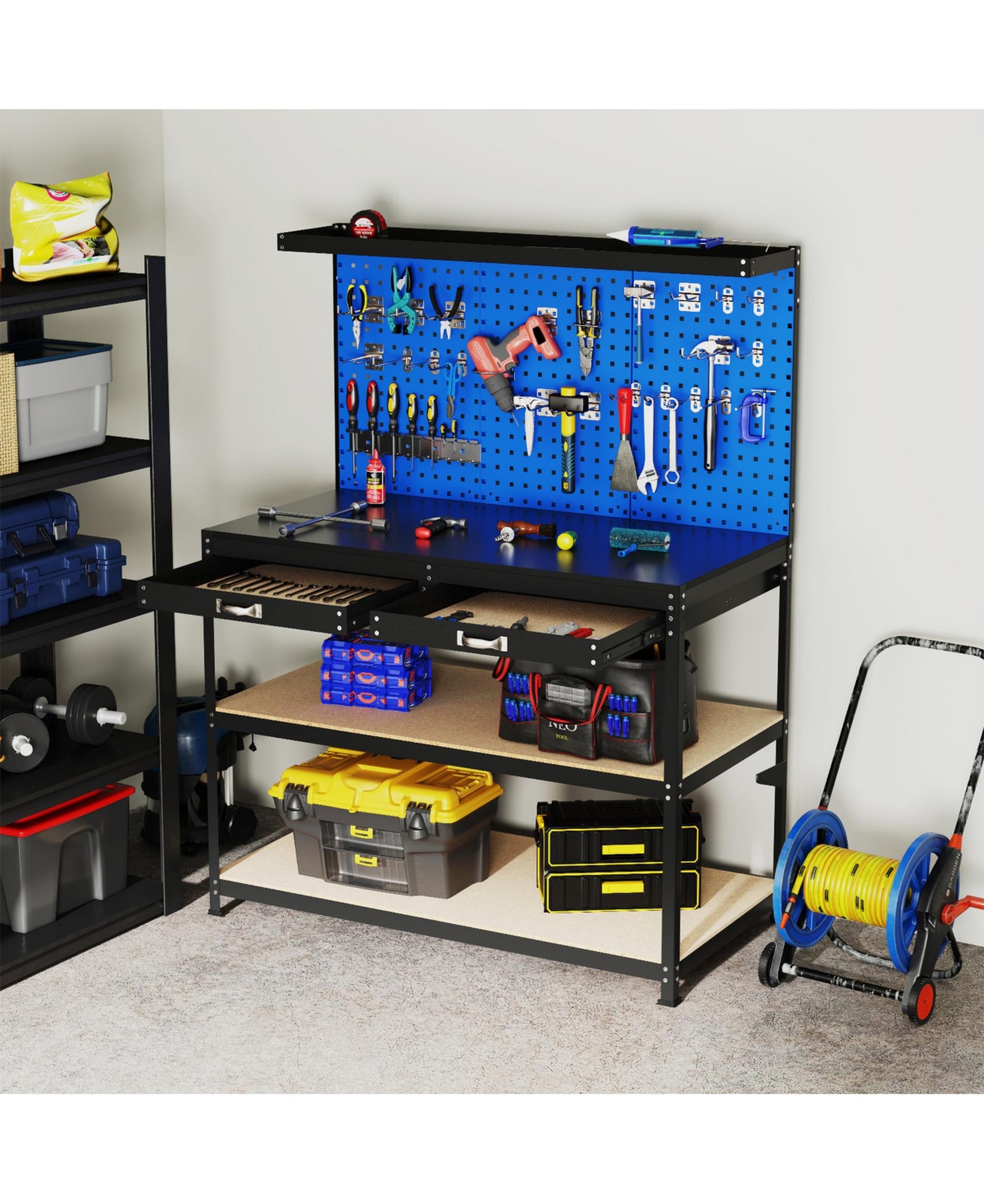 48 x 24 Inch Workbench Work Table with 3 PCs Pegboard Drawer and Shelves-Navy