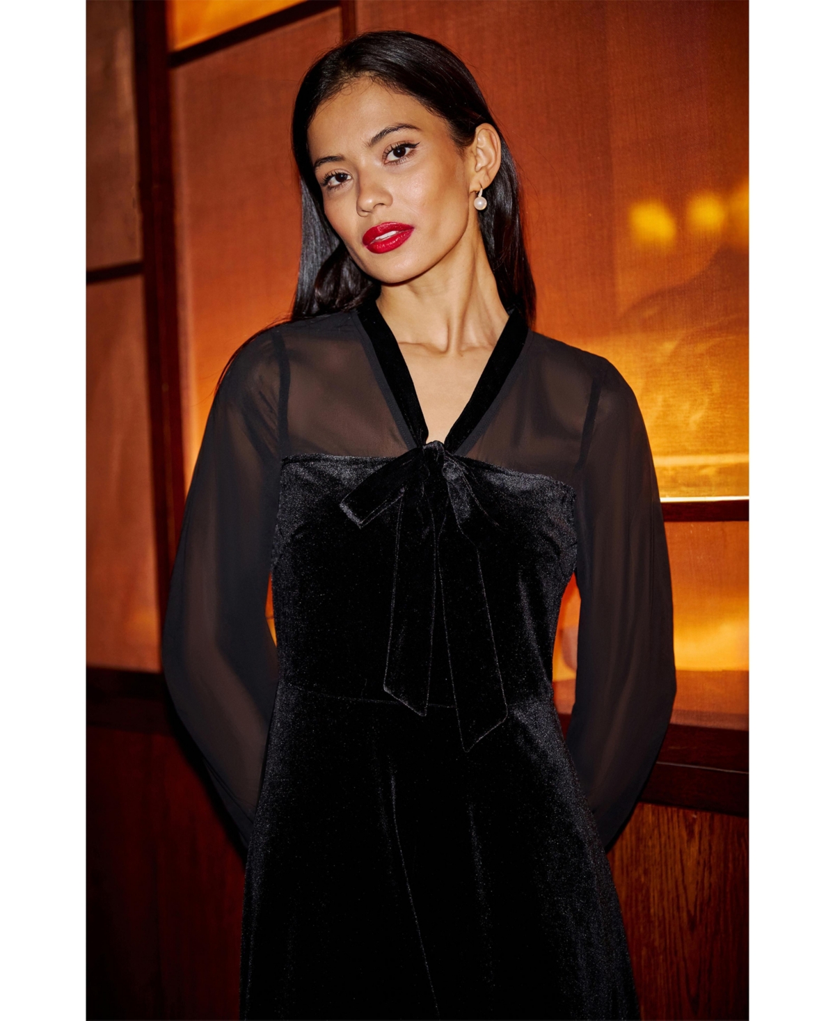 Yumi Women's Velvet Sheer Sleeves Skater Dress