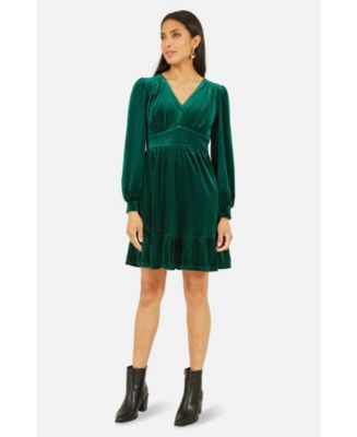 Yumi Green Velvet Long Sleeve Skater Dress - Green / 16