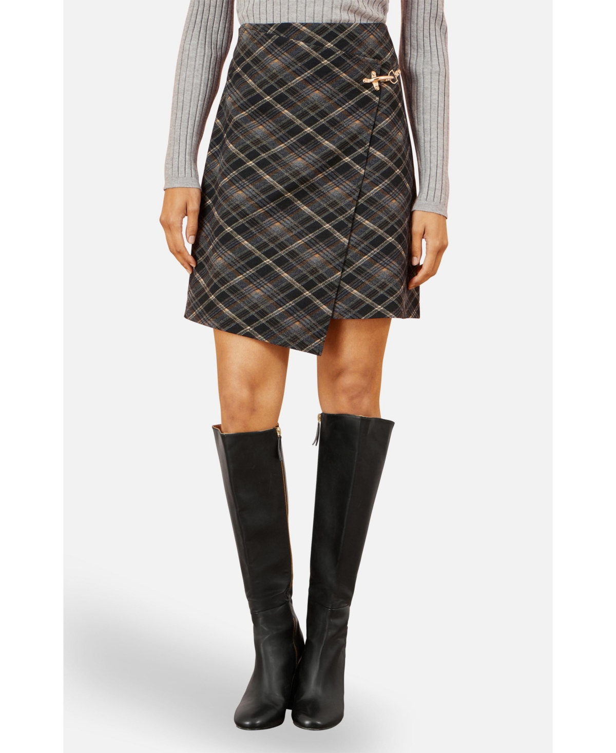 Yumi Women's Check Wrap Skirt With Buckle