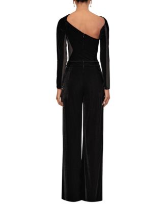 Women's Velvet Sheer-Panel Wide-Leg Jumpsuit
