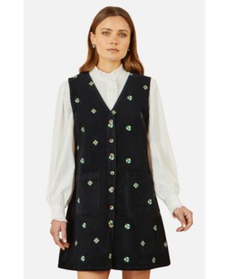Women's Embroidered Button Up Pinafore Dress