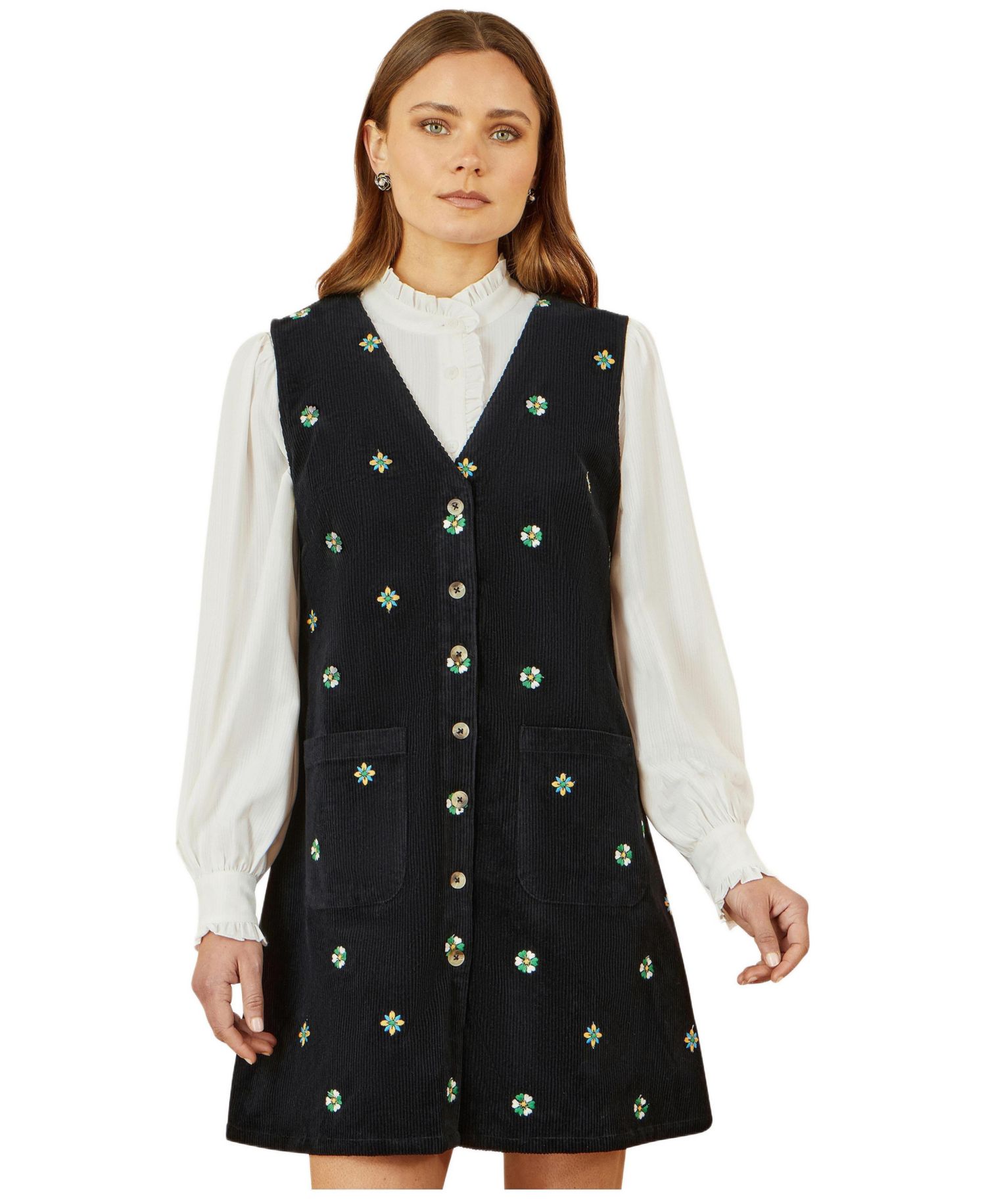 Women's Embroidered Button Up Pinafore Dress