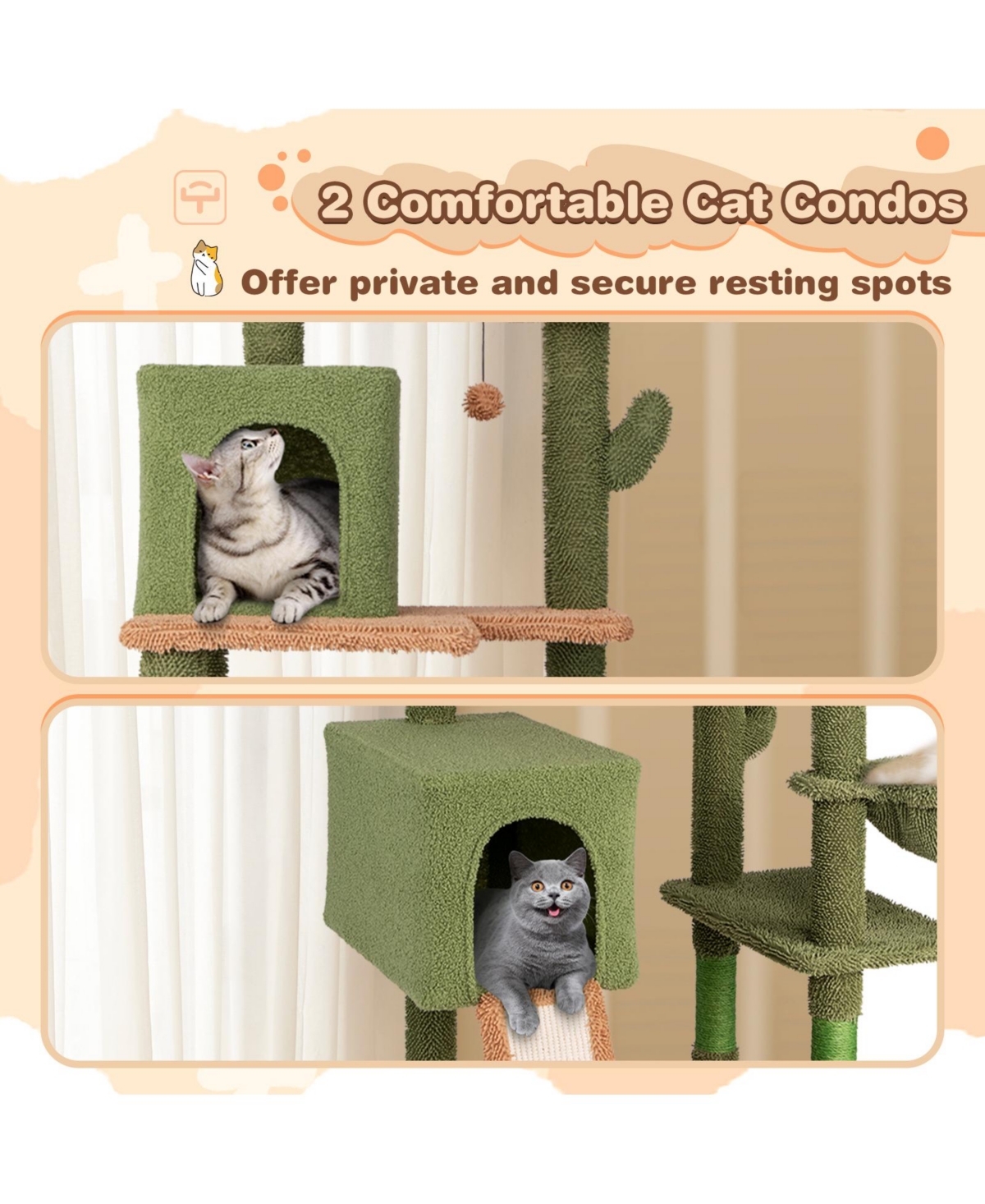 Skonyon Multi-level Cactus Cat Tree with Scratching Posts Ladder Double Condos and Toys Bed