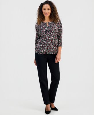 Womens Pleat-Neck 3/4-Sleeve Blouse, Regular & Petite