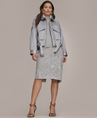 Women's Long-Sleeve Belted Jacket, Short-Sleeve Mock Neck Sweater, and Sequin Detail Midi Skirt