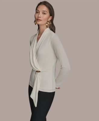 Women's Long Sleeve Faux Wrap Knit Top