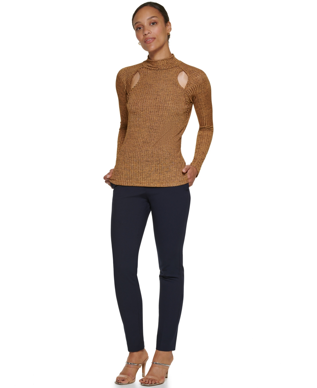 Dkny Petite Long-sleeve Tie Neck Blouse In Brown