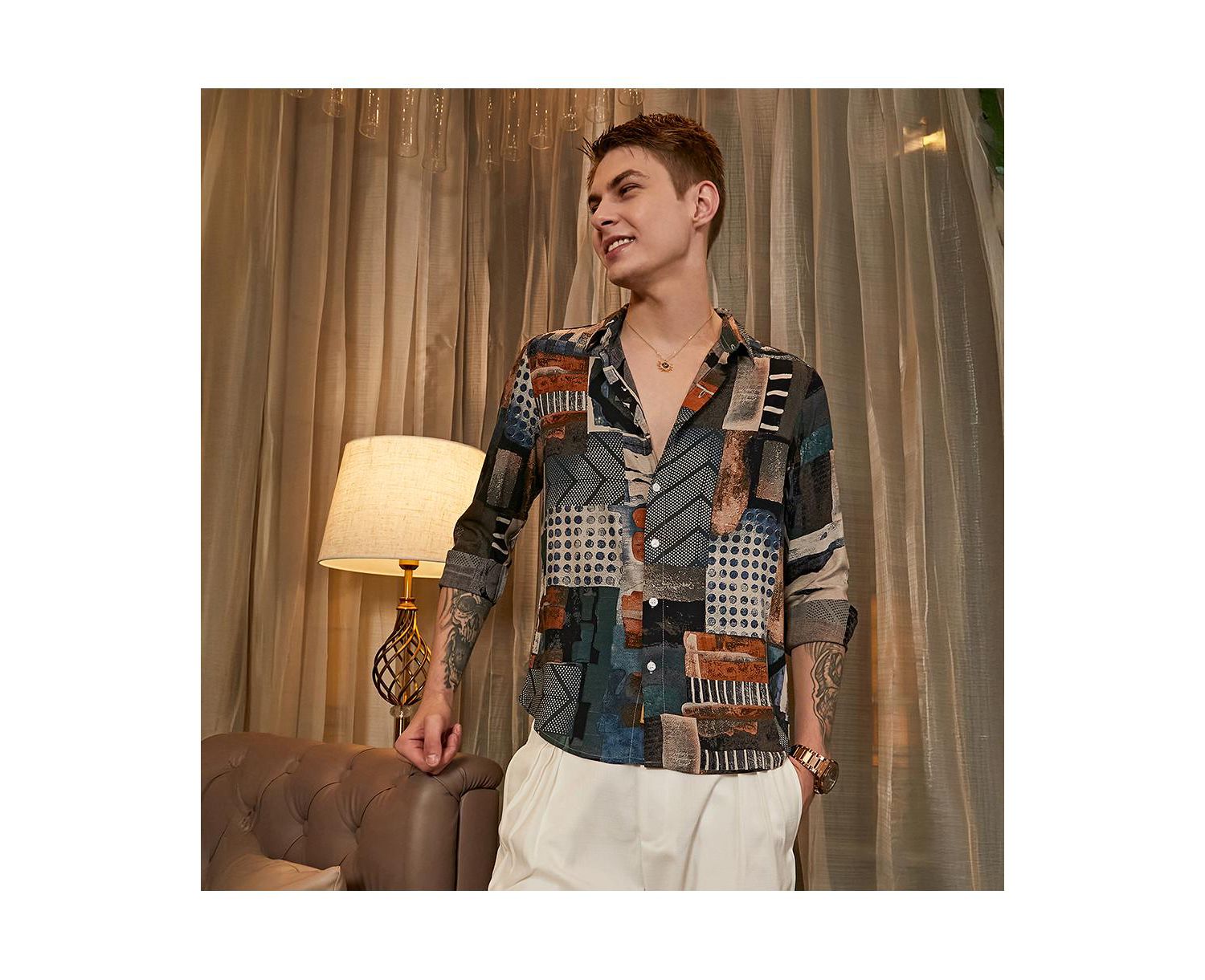 Men's Indigo Blue & Coffee Brown Earthy-Abstract Shirt