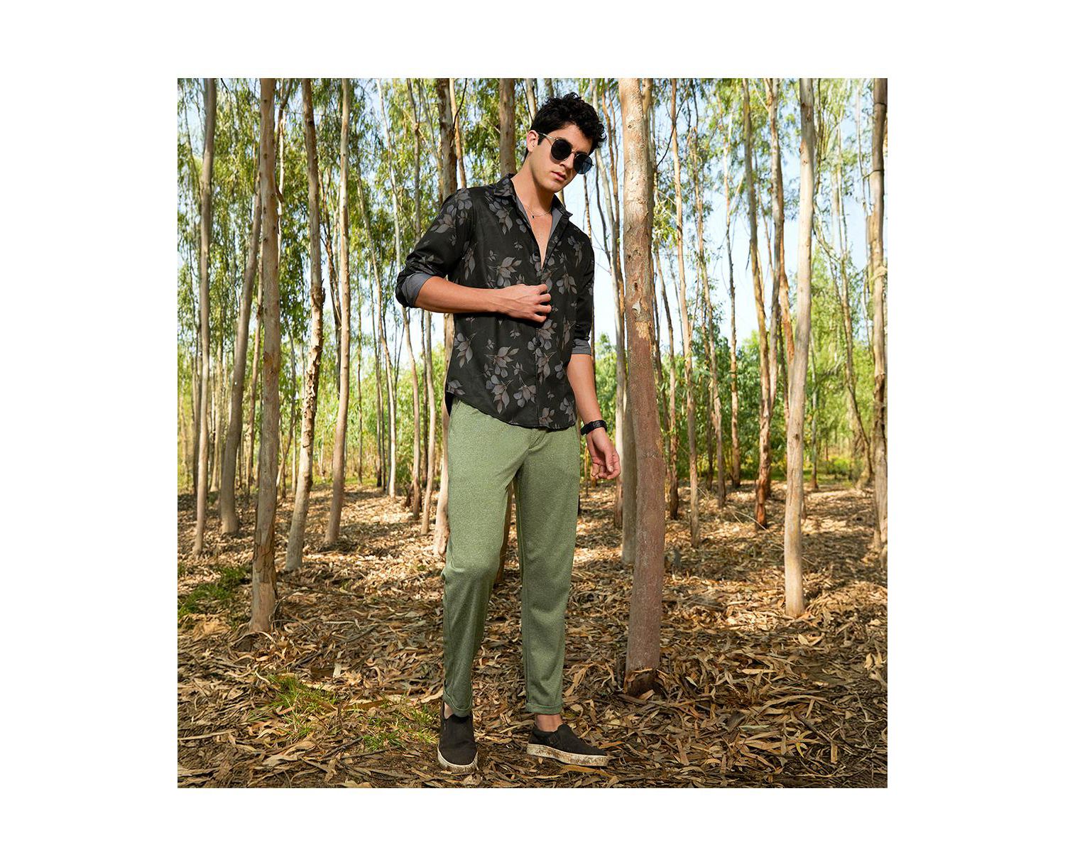 Men's Charcoal Grey Stamped-Foliage Shirt