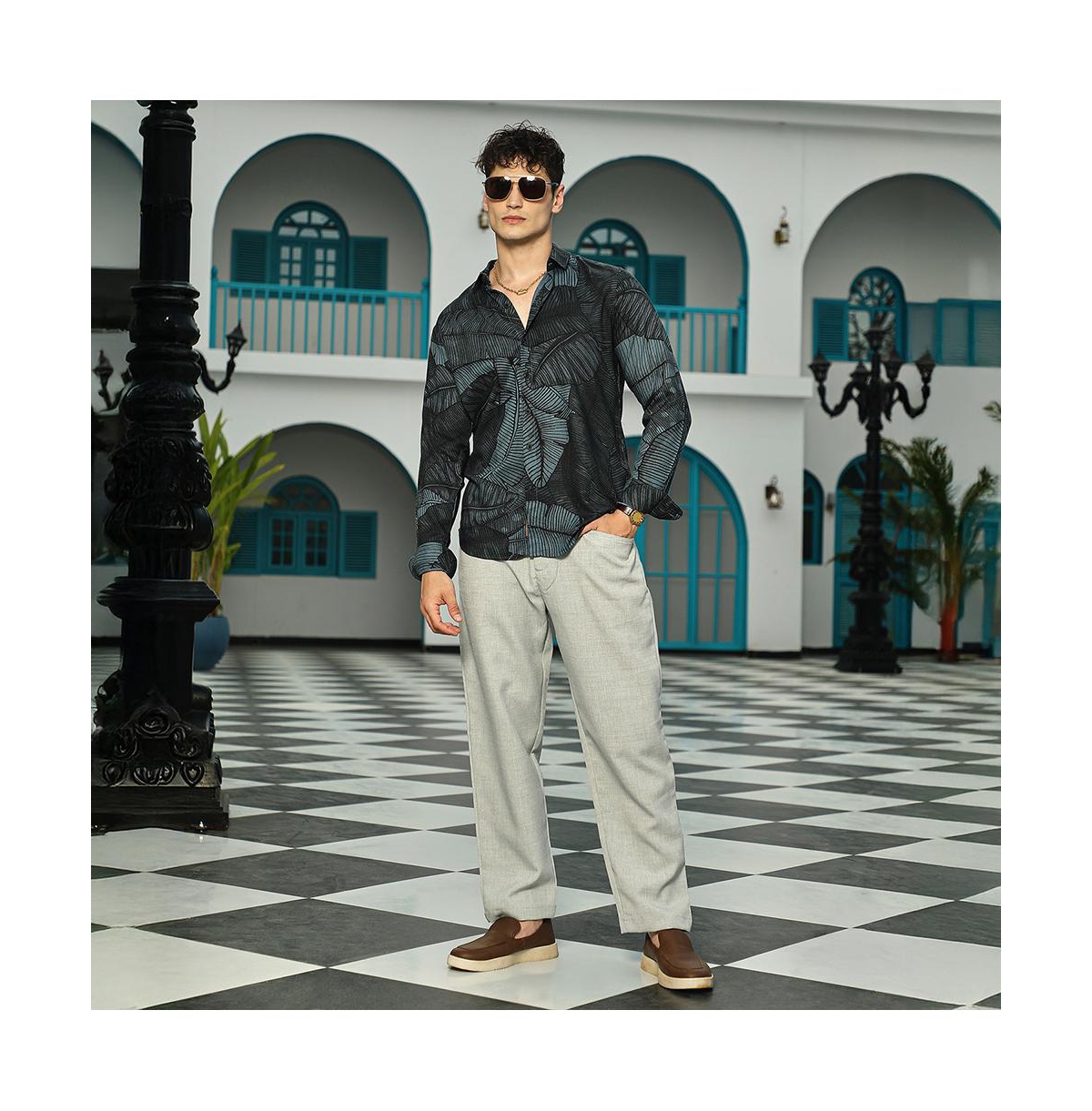 Campus Sutra Men's Viridian Green Foliage-Outline Shirt