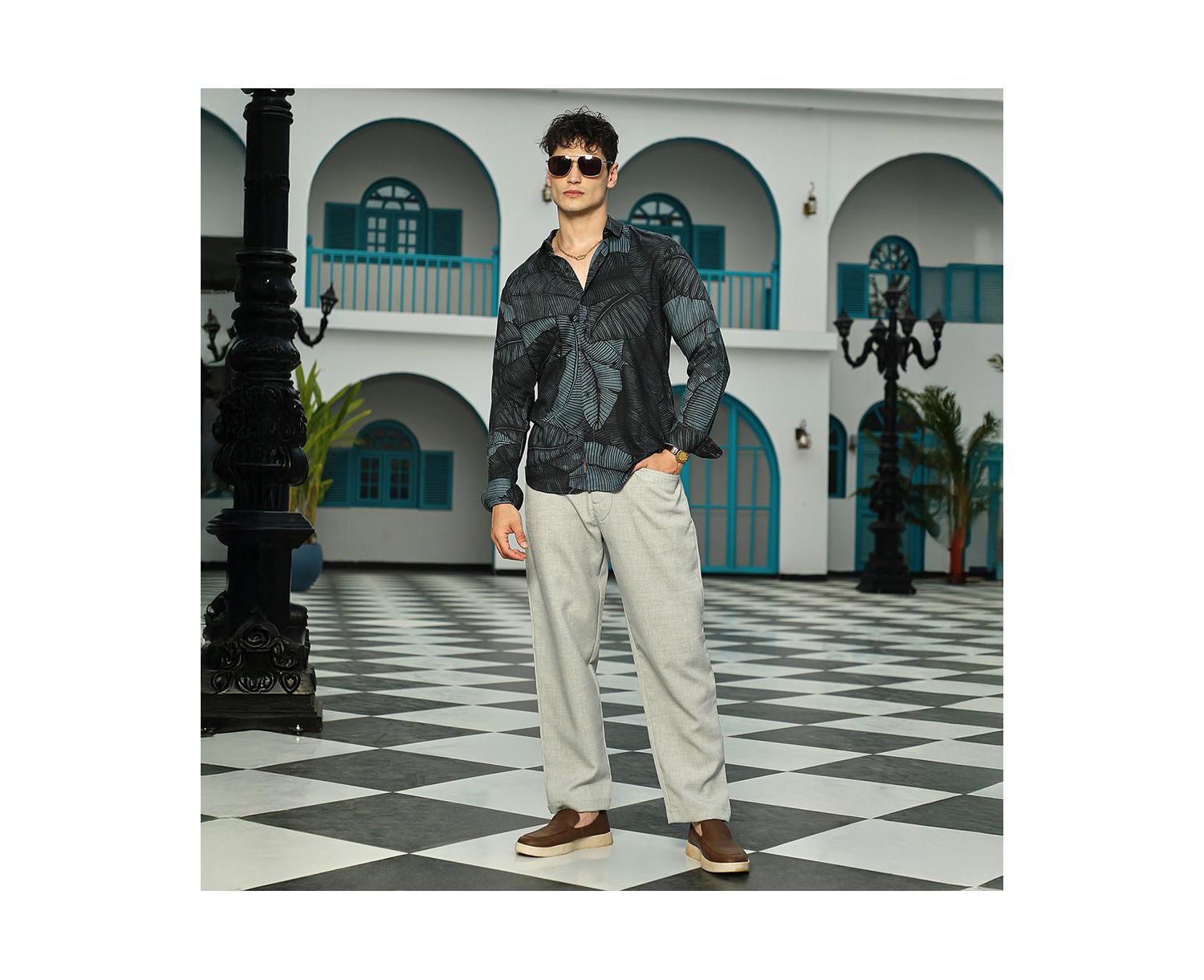 Men's Viridian Green Foliage-Outline Shirt