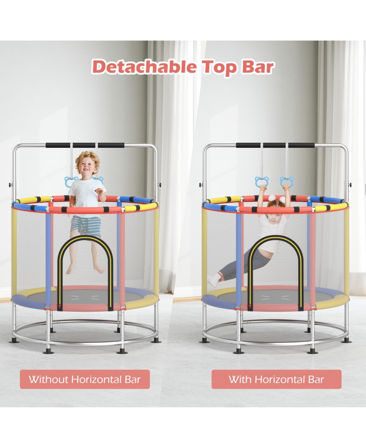 Hongge 6 In 1 Kids Trampoline With Basketball Hoop Gymnastics Bar And Safety Net