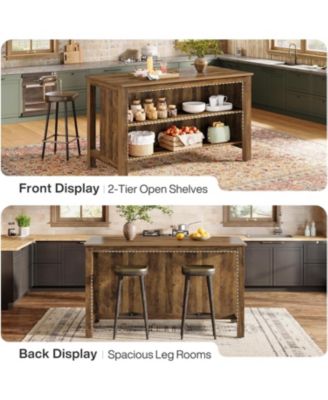 Kitchen Island with Storage, 59-Inch Large Farmhouse Stationary Island Table, Rustic Brown