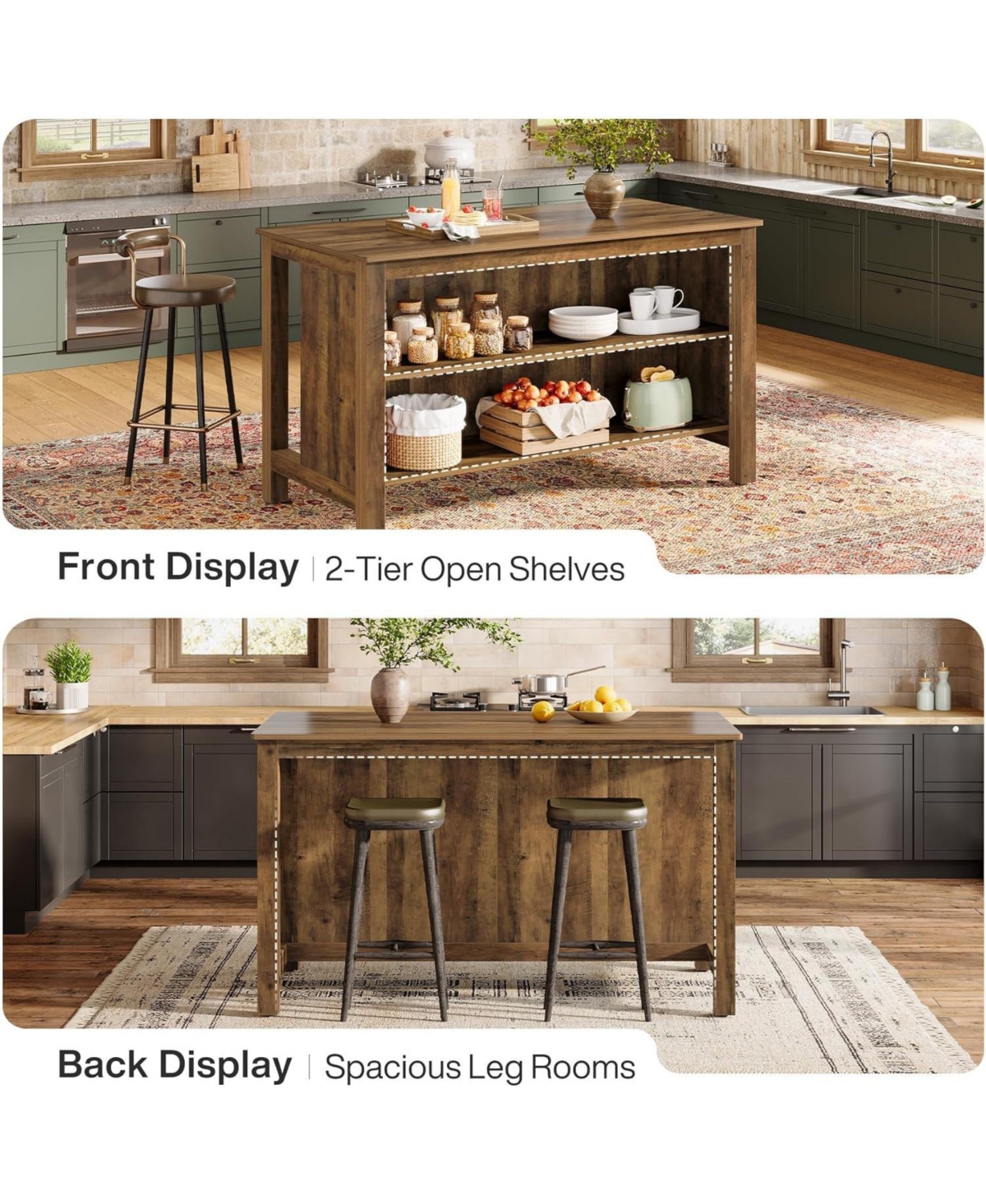 Tribesigns Kitchen Island with Storage, 59-Inch Large Farmhouse Stationary Island Table, Rustic Brown