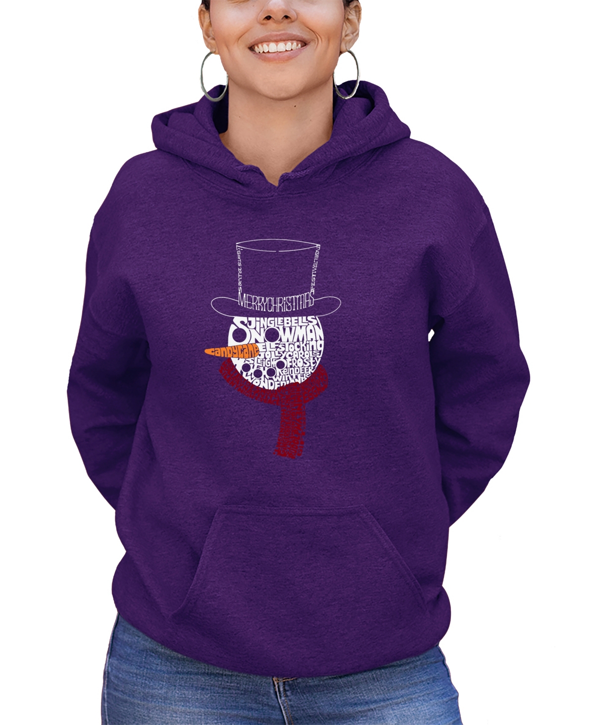 La Pop Art Women's Snowman Face Word Art Long Sleeve Sweatshirt In Purple
